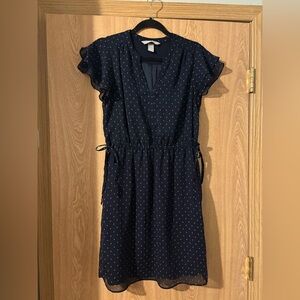 H&M Navy Blue Polka Dot Tie-Waist Midi Dress